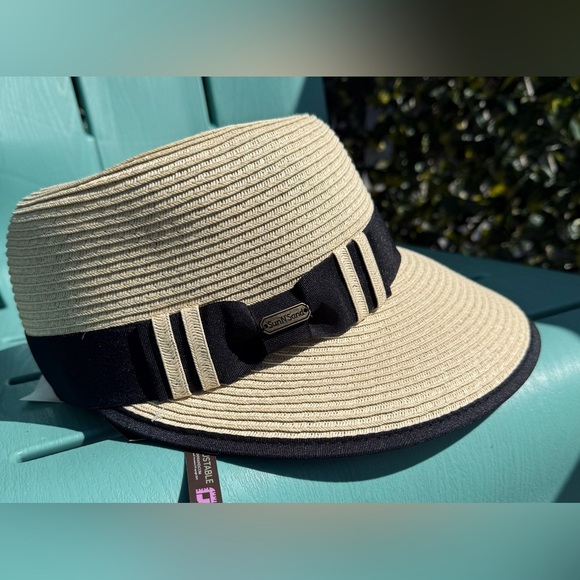 UPF50+ Tan and Black Wide-Brimmed Sun Hat with Ribbon - Picture 5 of 5